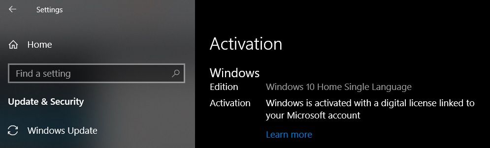 Windows 10 Home Activation