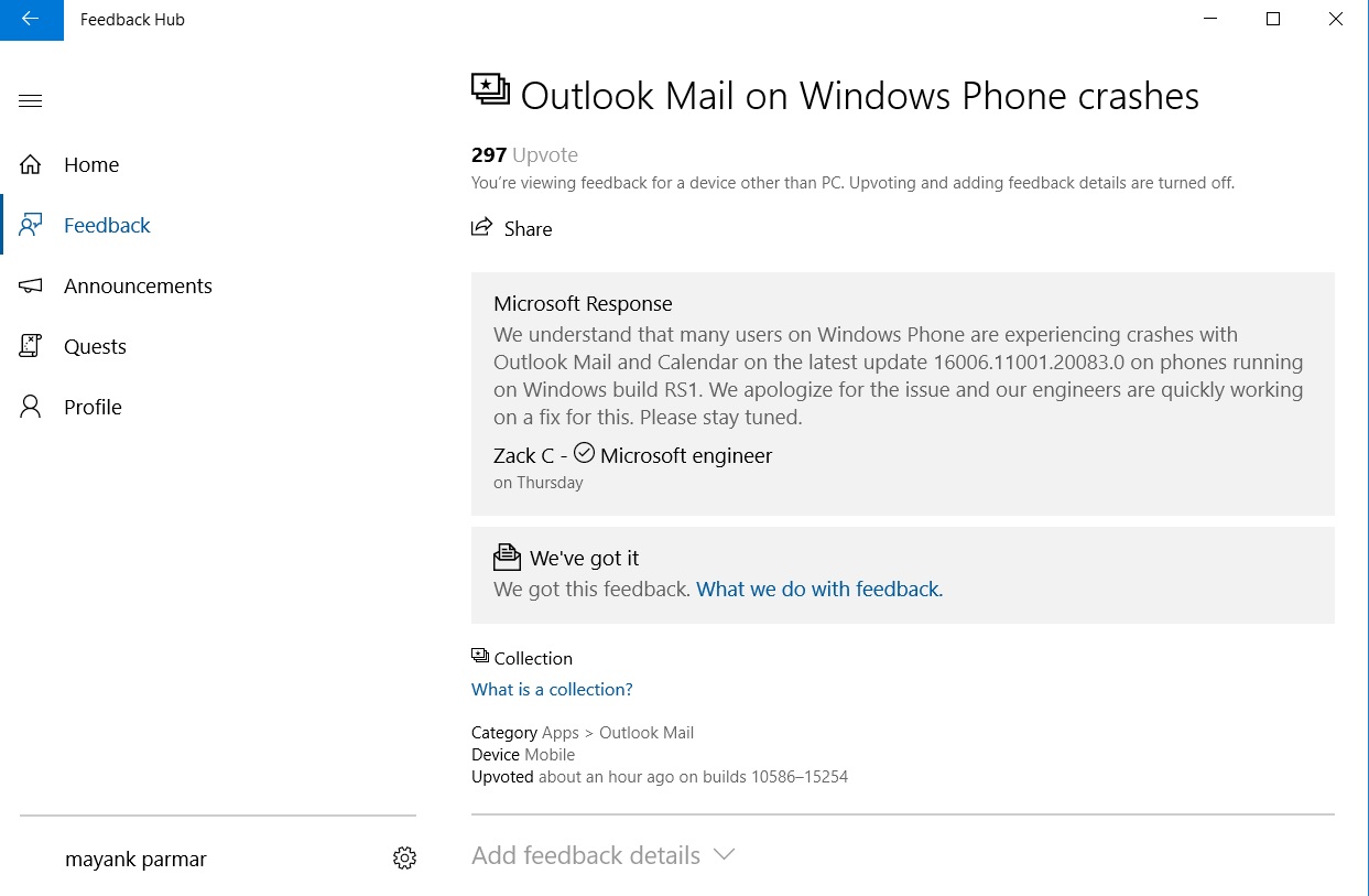 Windows 10 Mobile Mail app