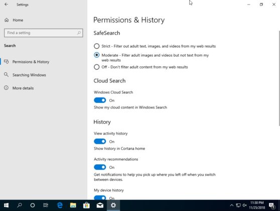 Windows 10 Search settings