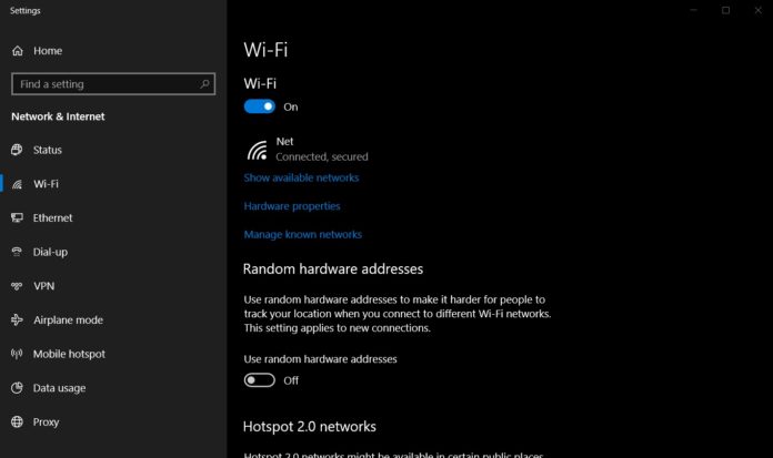 Windows 10 WiFi settings