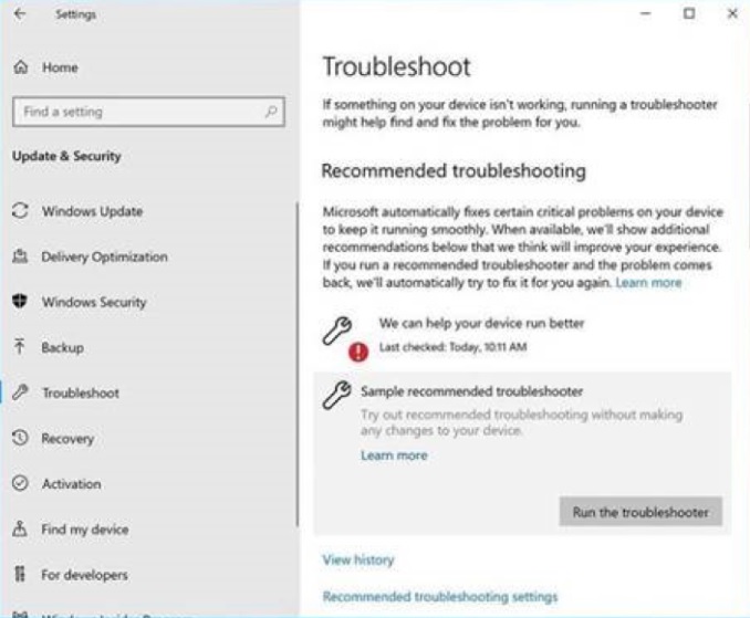 Troubleshoot settings page