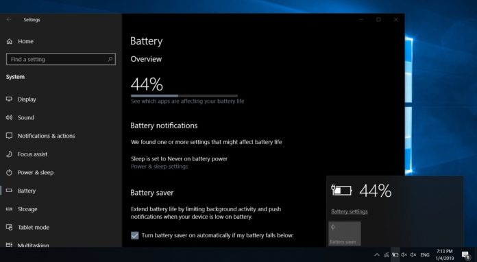 Battery feature in Windows 10