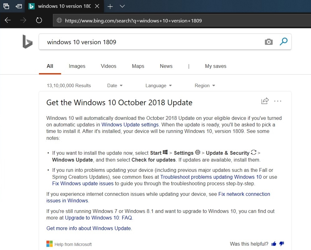 Bing result in Edge