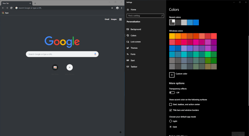 Chrome to Windows 10's dark light theme settings