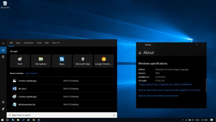 Cortana in Windows 10 v1809