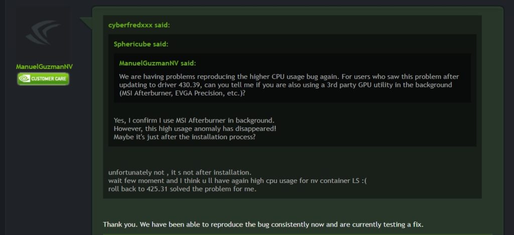 Nvidia driver 430.39 causes high CPU usage on Windows for some users
