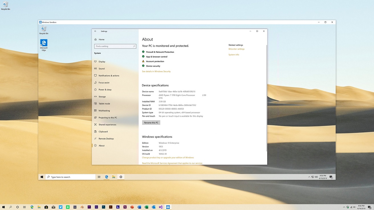 Settings app in Windows Sandbox