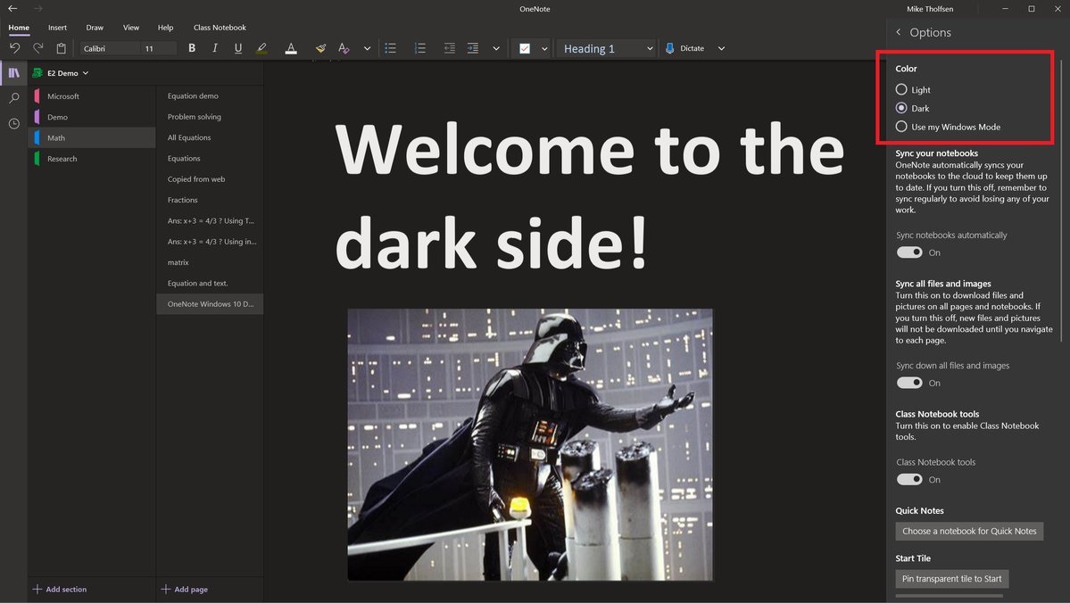 OneNote dark mode