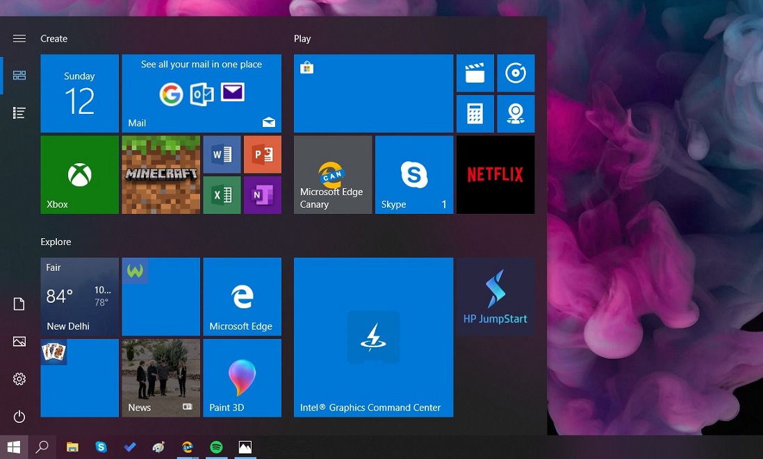 Start Menu in version 1903