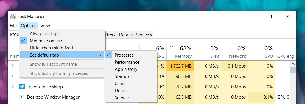 Task Manager default tab