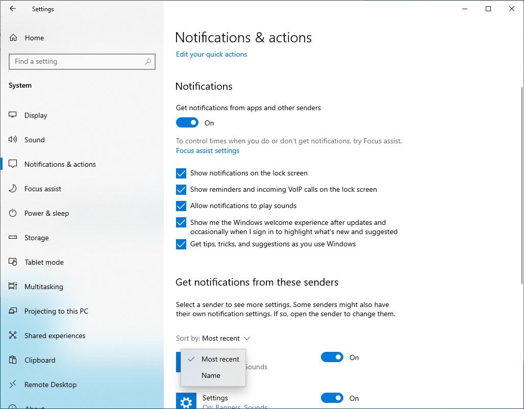 Windows 10 20H1 notifications