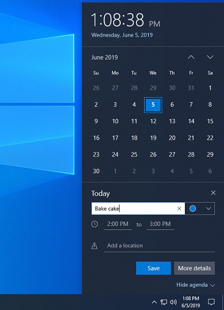 Windows 10 quick calendar