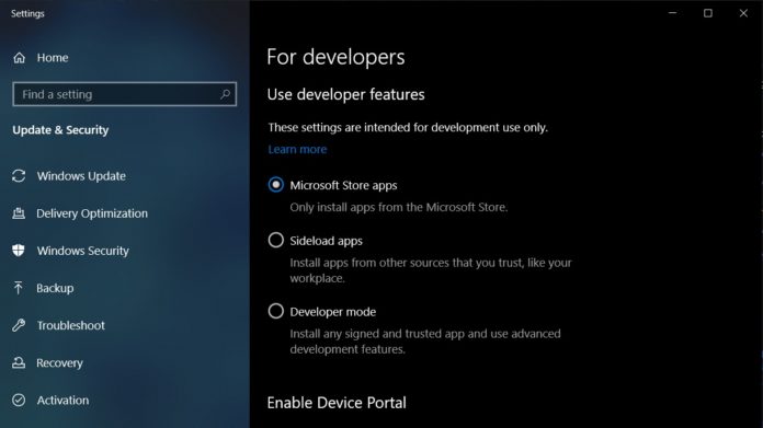 Windows 10 developer settings