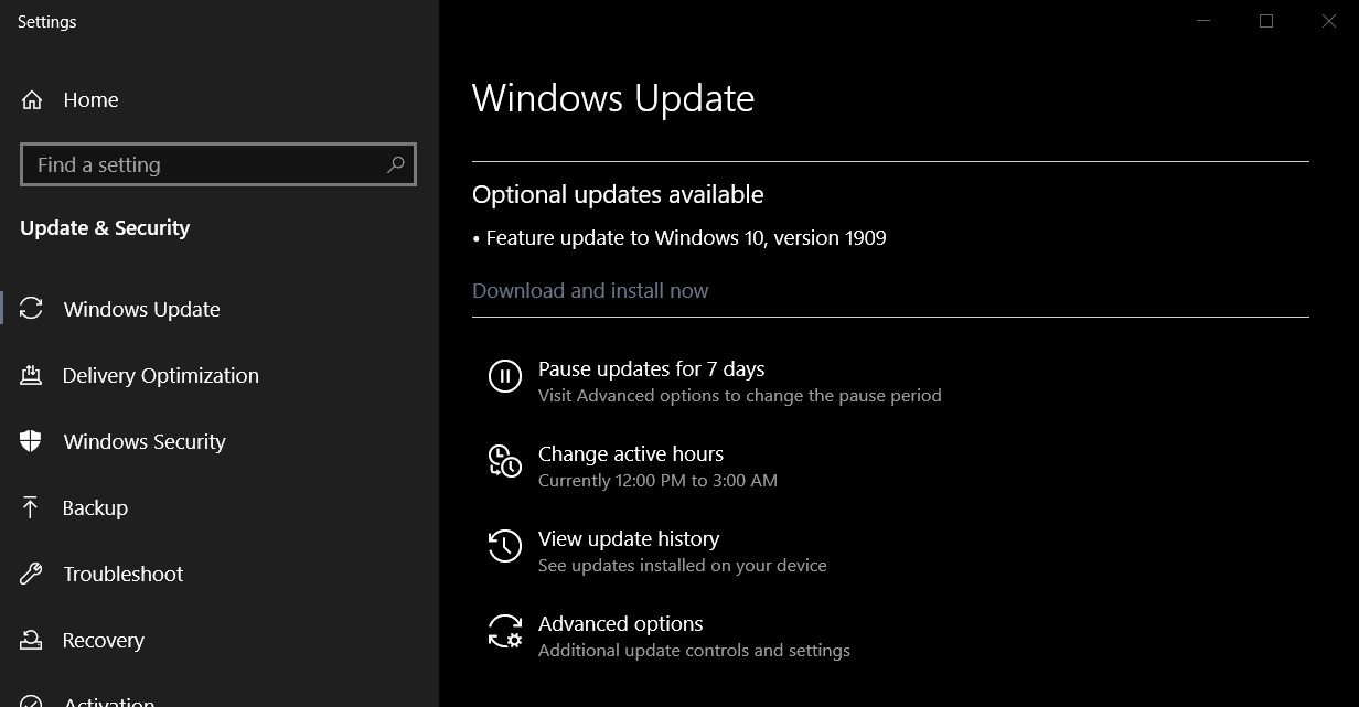 Windows 10 version 1909 update