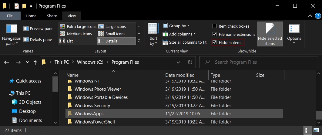 File Explorer hidden items