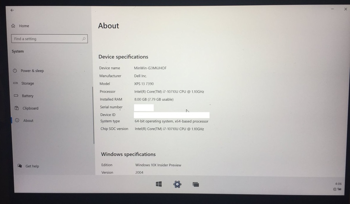 Windows 10X about page