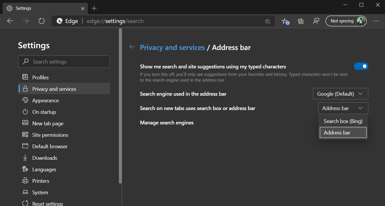 Microsoft Edge search bar