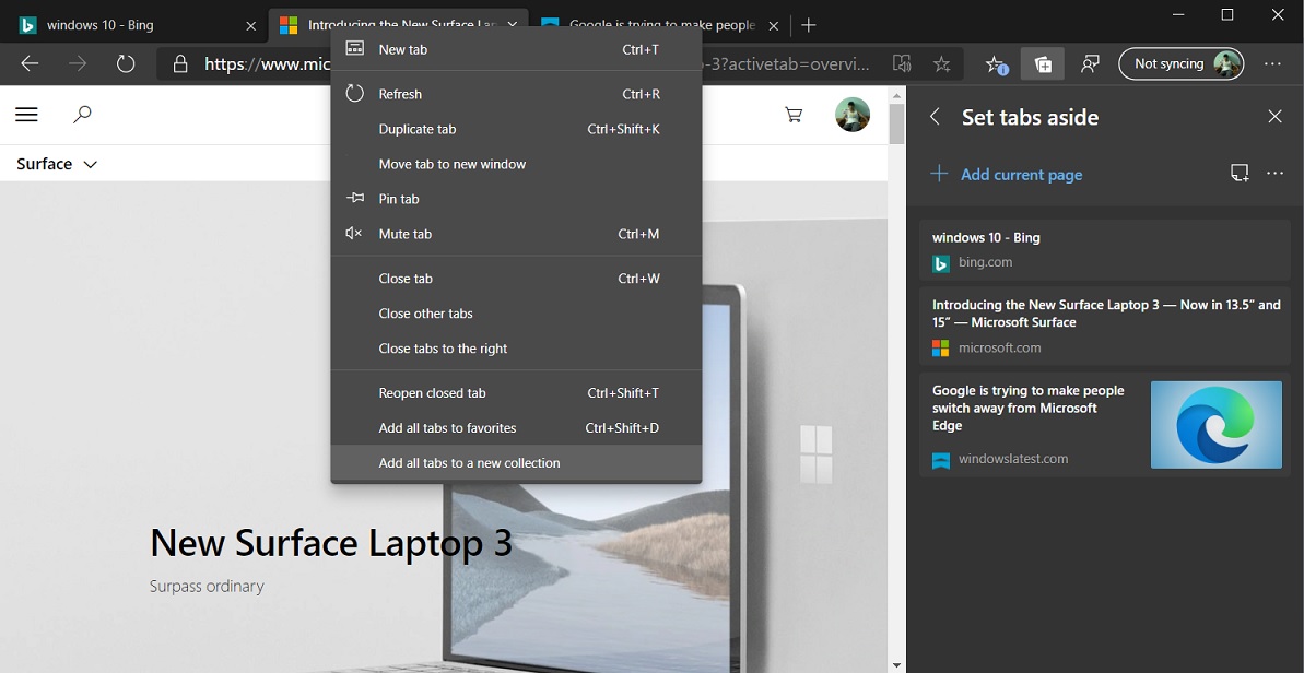 Microsoft Edge set tabs aside