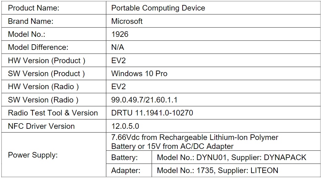 Surface Go 2 LTE FCC