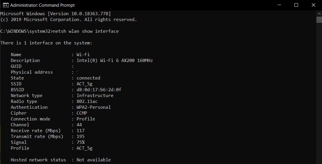 WiFi signal in Command Prompt