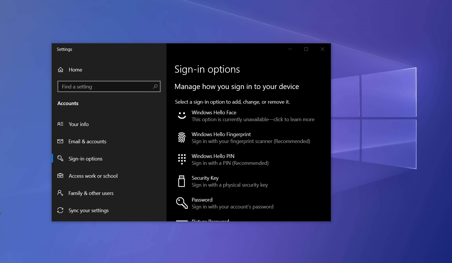 Windows 10 sign-in options