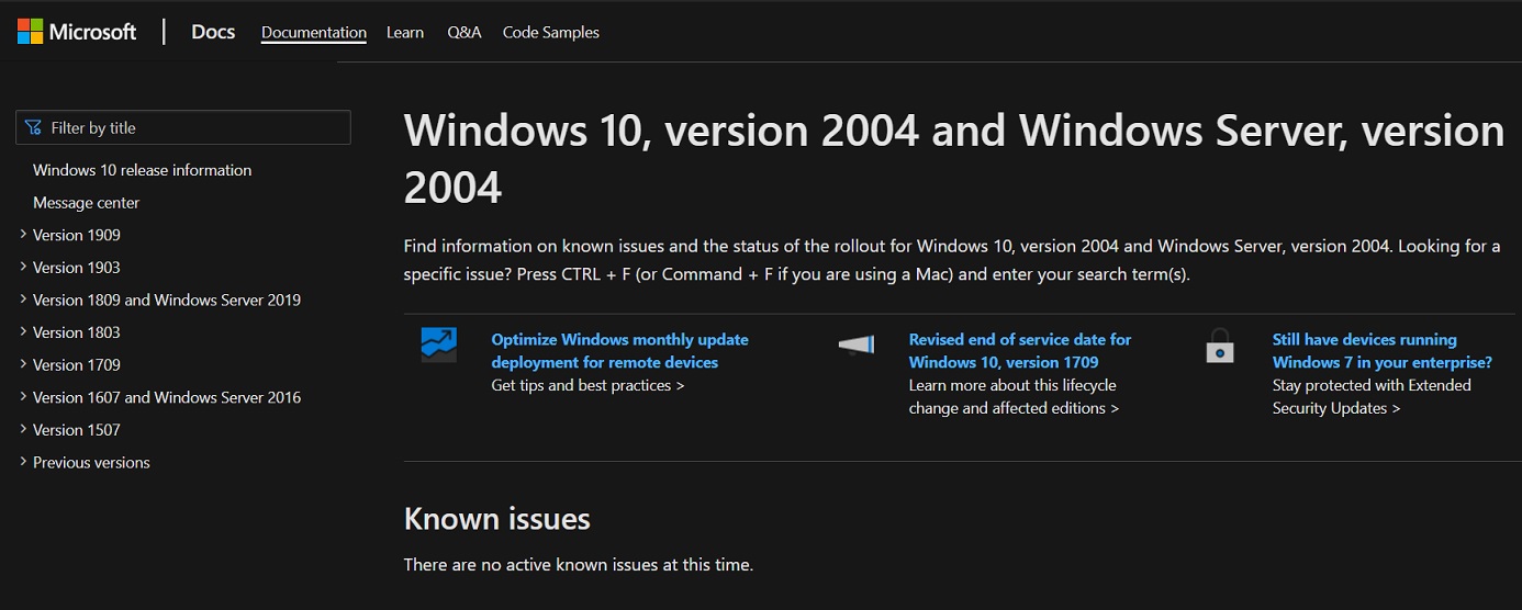 Windows 10 v2004 support pages