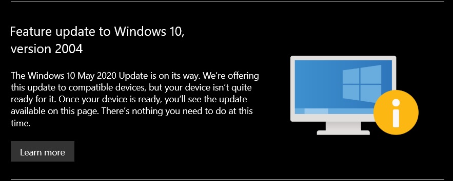 Windows 10 version 2004 warning