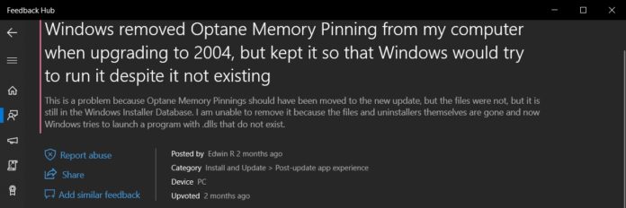 Windows 10 May 2020 Update is causing issues with Intel Optane