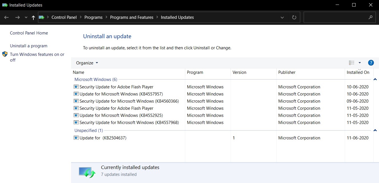 Manage updates in Control Panel