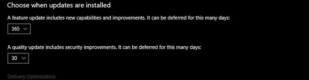Windows Update defer settings