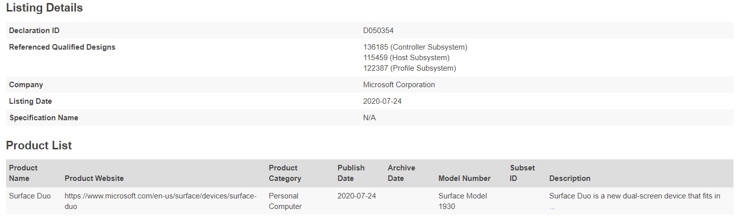 Surface Duo Bluetooth SIG