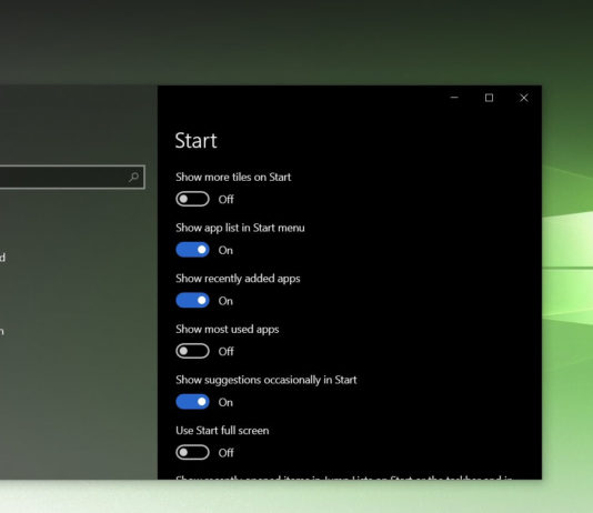 Windows 10 Start Menu settings