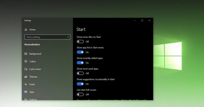 Windows 10 Start Menu settings