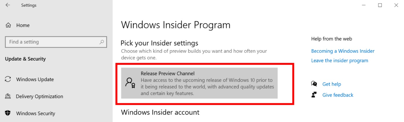 Windows Insider settings