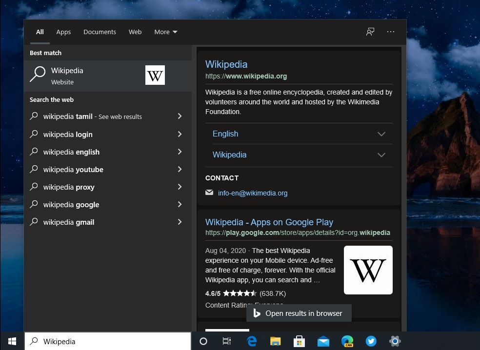 Windows Search dark results