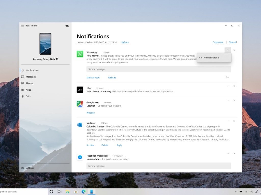 Your Phone app notifications pinning