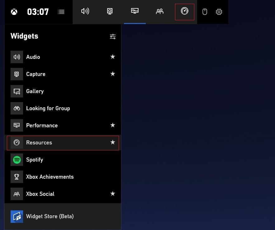 Game Bar widgets menu