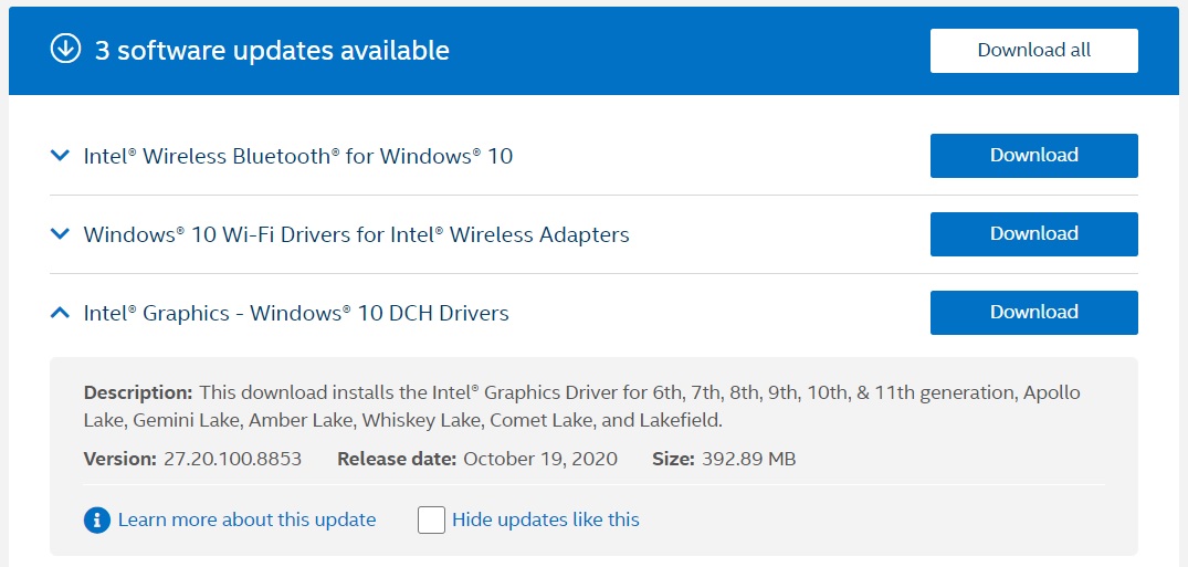 Intel DCH driver update