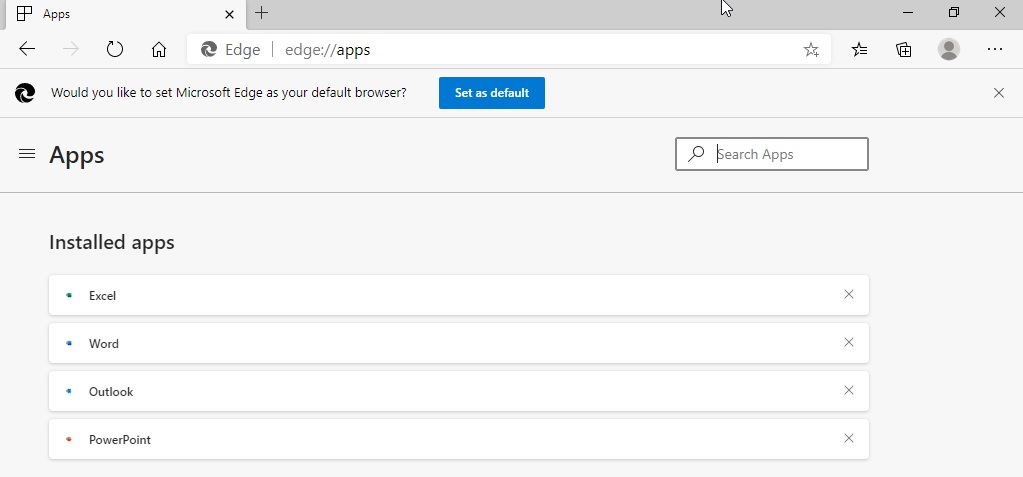 Microsoft Edge apps page