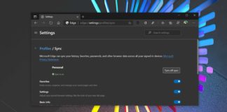 Microsoft Edge sync menu