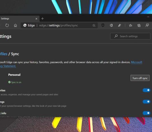 Microsoft Edge sync menu
