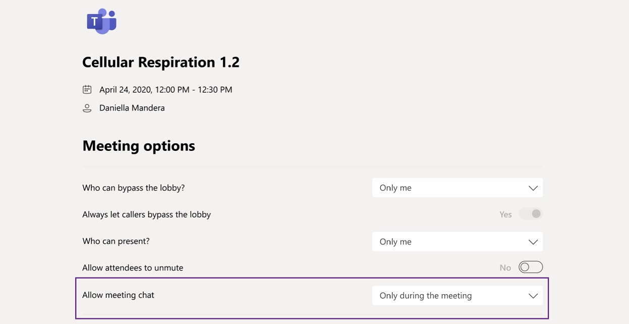 Microsoft Teams meeting options