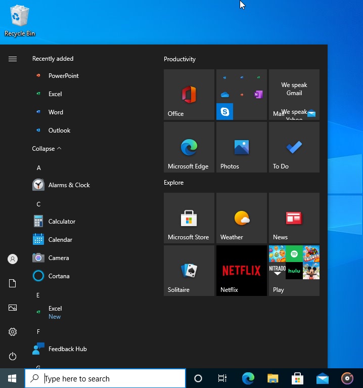 Office web apps in Start Menu