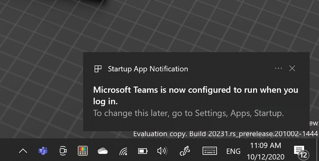 Startup app notification