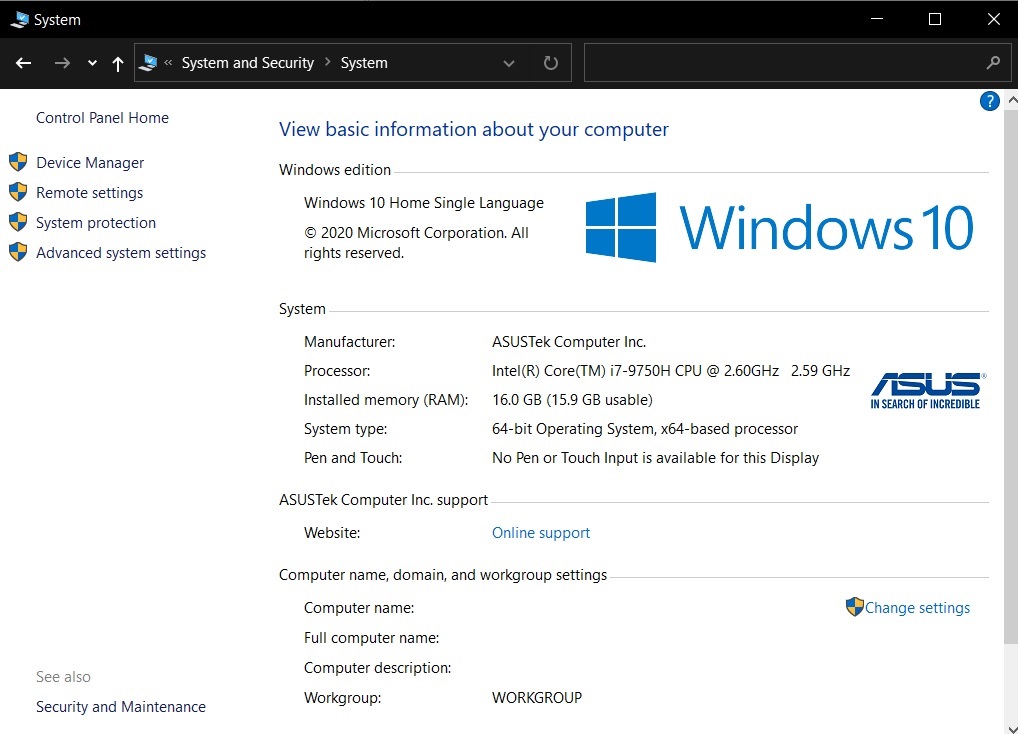 System applet in Control Panel