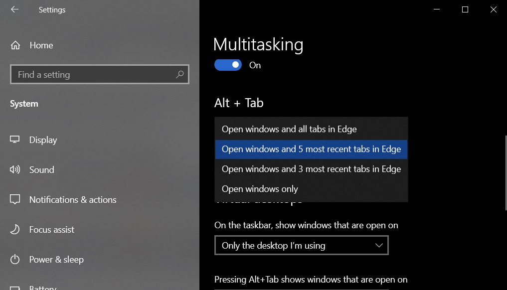 Windows 10 Alt Tab settings