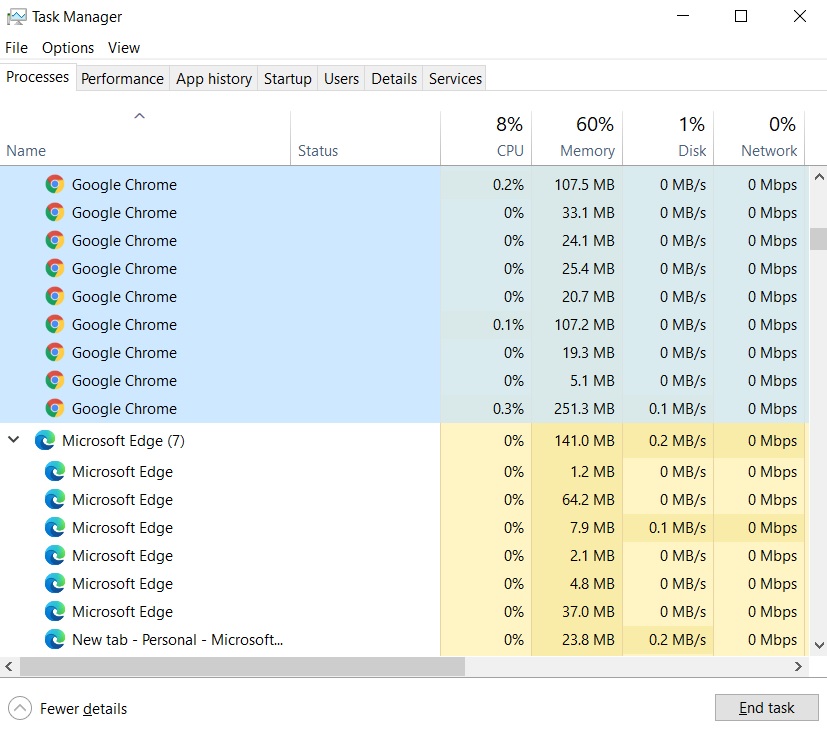 Windows 10 browser processes