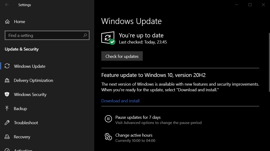 Windows 10 version 20H2 update