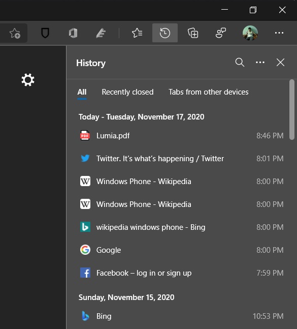 Edge history menu