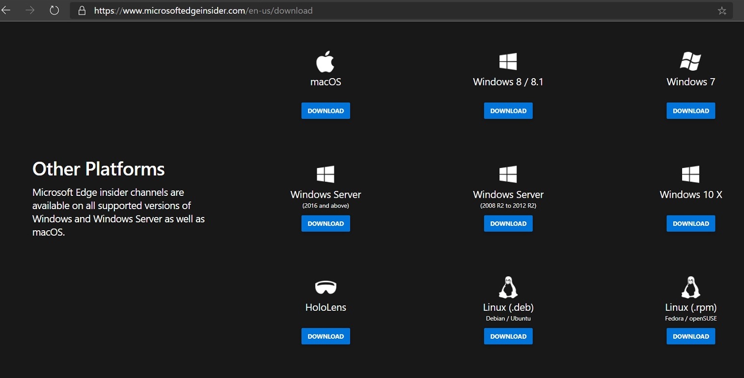 Plataformas compatíveis com Microsoft Edge
